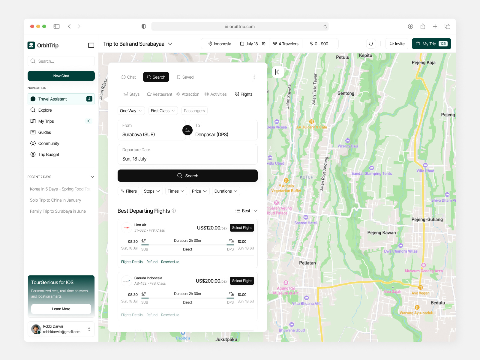 Example of OrbitTrip – AI for Trip Planner (Flight Booking Flow)