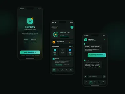 EcoCalm AI Well-Being & Sustainable Habit App (Dark Mode UI) analytics app branding design design system graphic design home mobile mobile app settings ui web design