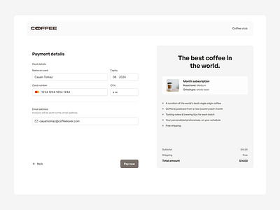 Coffee — Credit Card Checkout challenge checkout clean coffee creditcard dailyui dailyuichallenge design figma pay ui uidesign uidesigner ux uxuidesign web webdesign website