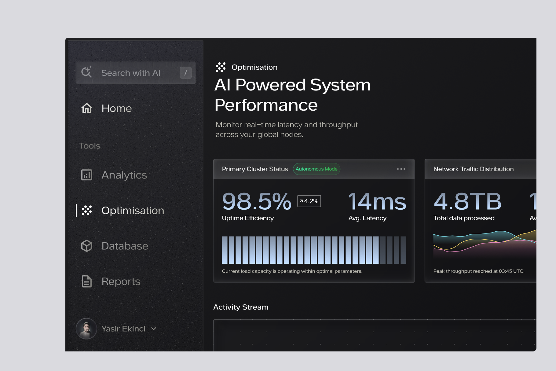 AI-Powered System Performance Dashboard UI adminpanel ai analytics darkmode dashboard datavisualization features font for ai tool glow glowing interface minimalist productdesign saas tech ui ui fonts uiph ux webdesign