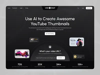 AI YouTube Thumbnail Generator - SaaS Landing Page UI ai ai dsign ai website dark theme modern ui product design saas landing page startup website thumbnail design ui ux design youtube tools