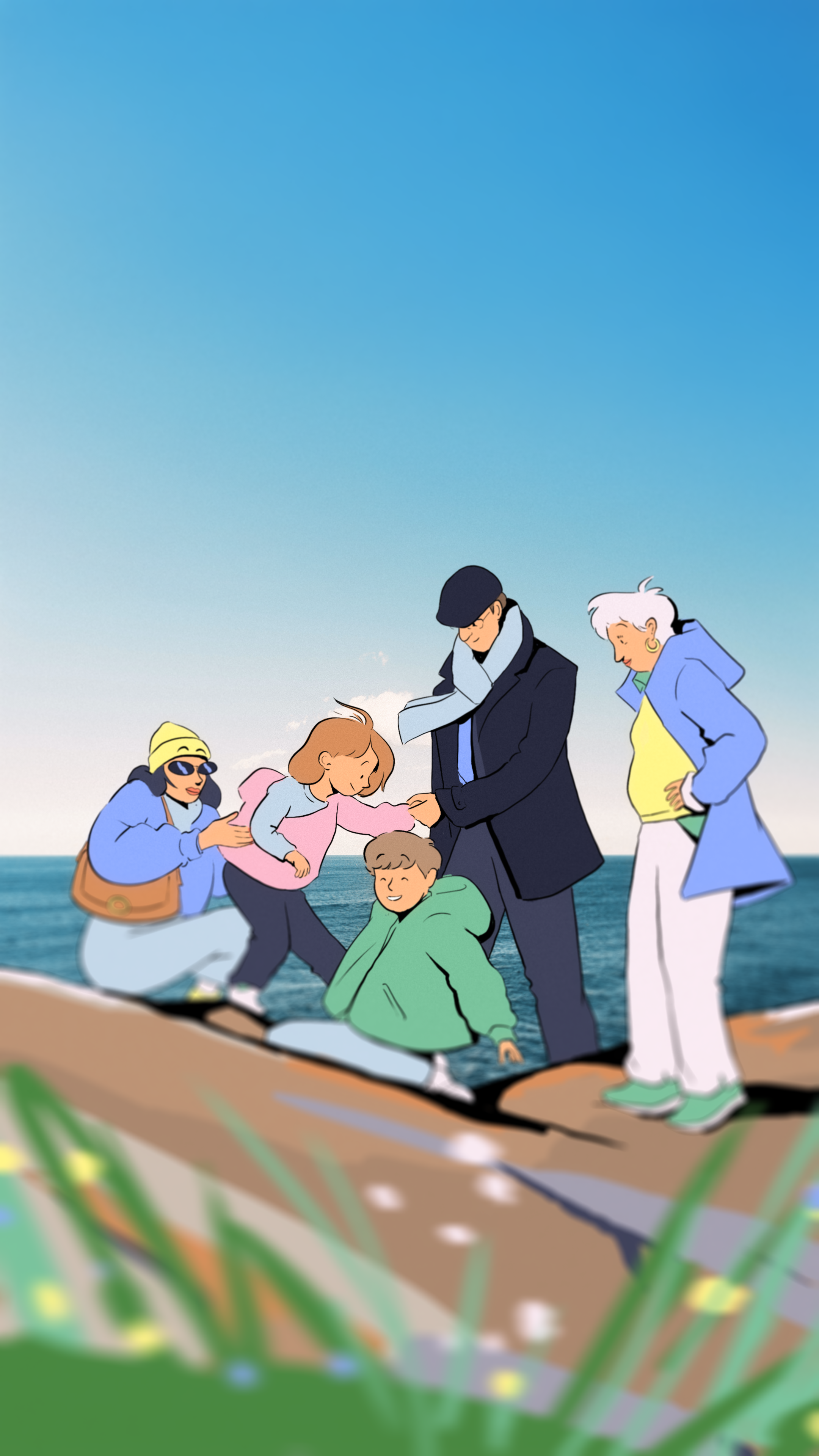 Family holiday beach colour design drawing family holiday illustration style