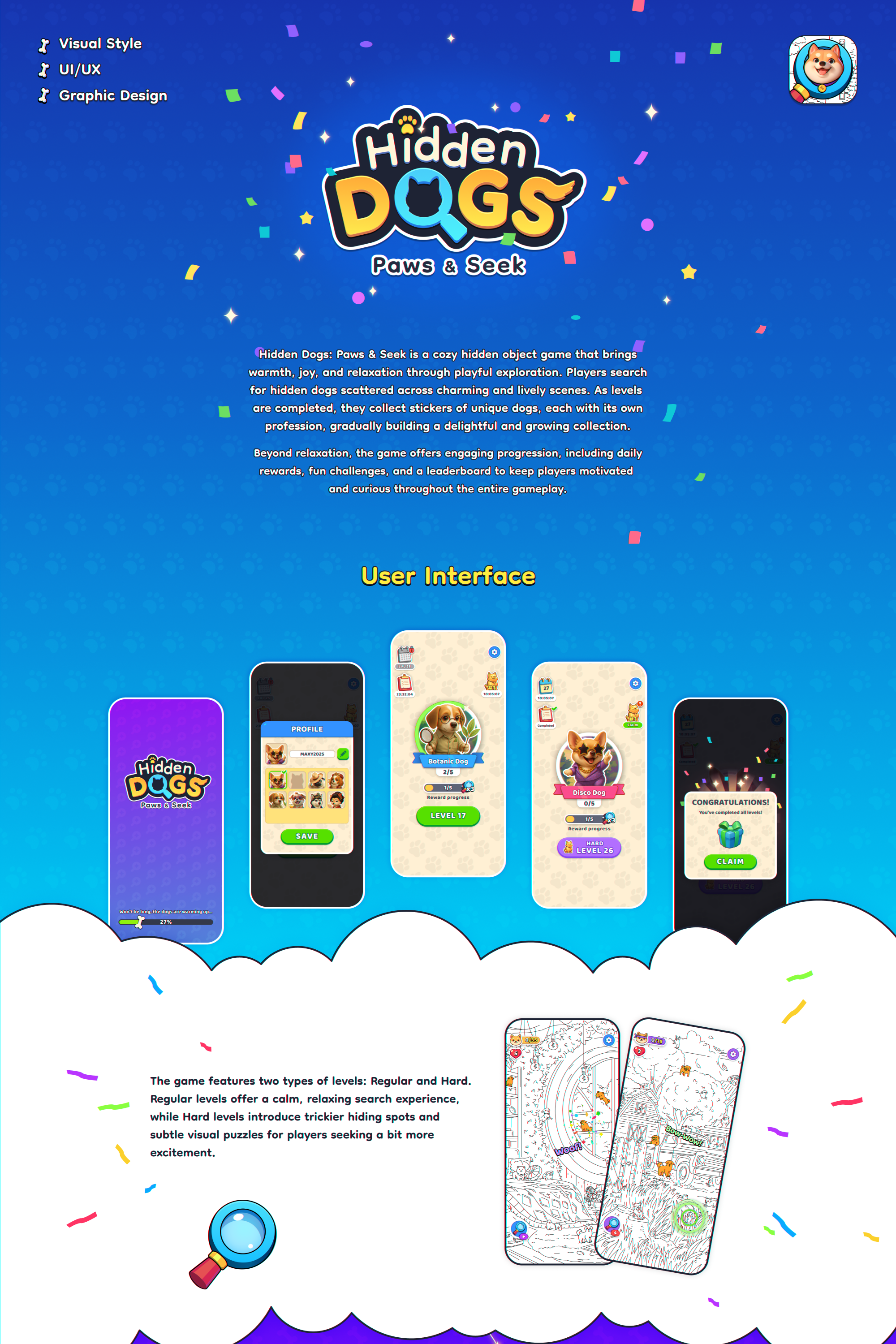 Hidden Object: UI/UX button dog game game interface game uiux gift graphic design hidden object hud loading logo main mobile game profile progress sticker ui victory visual style win