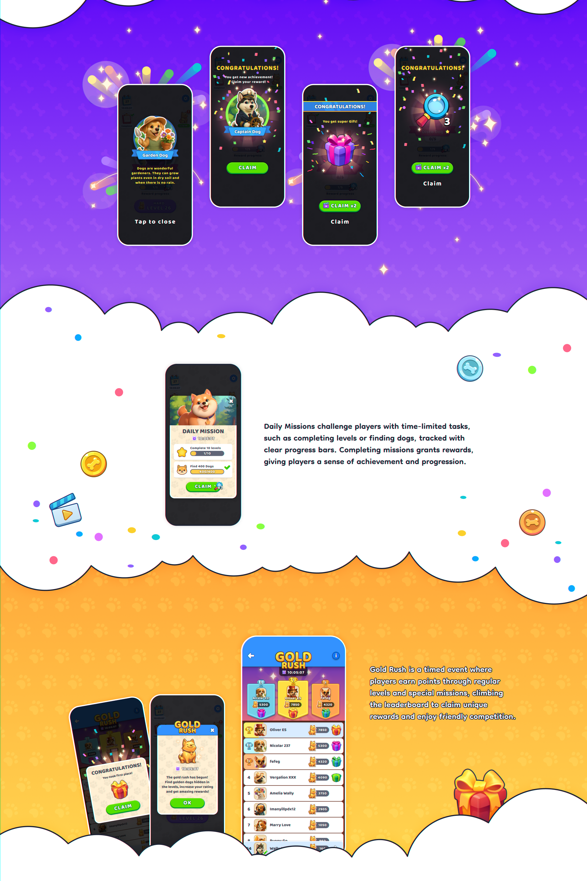 Win, Daily Mission, Event button daily mission dog event game ui game uiux hidden object leaderboard magnifying glass mobile game present progress victory win