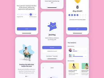 Journey - AI Role-Play for Therapists ai configuration conversation design dribbbleweeklywarmup figma healthtech learning mental health onboarding practice product design progress roleplay setup skill steak therapy ui ux