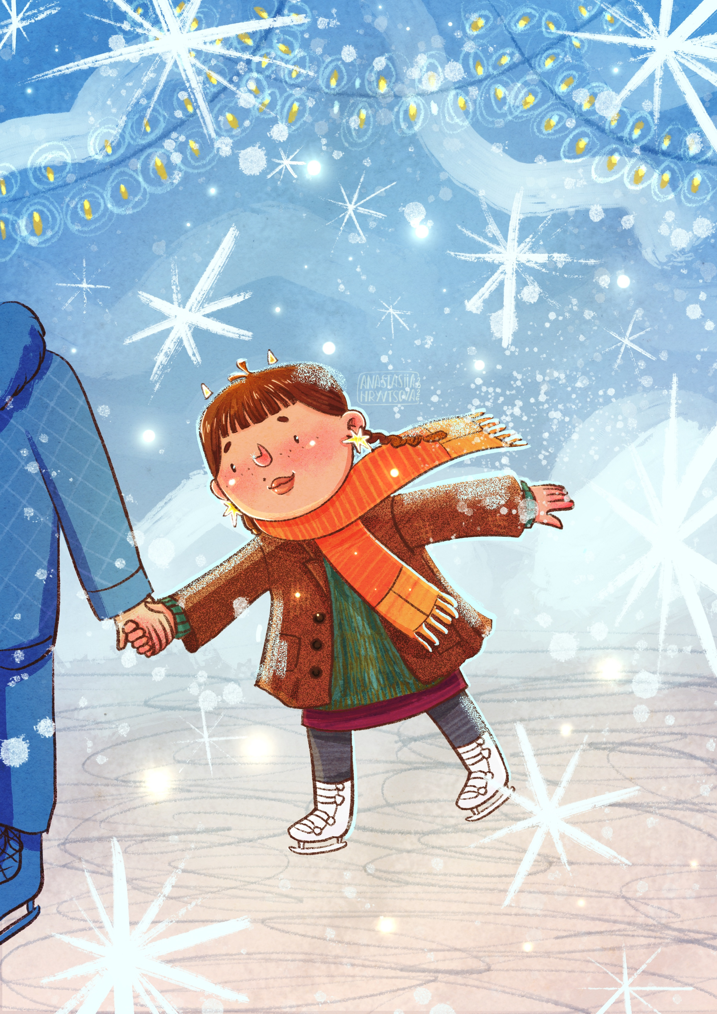 winter skating rink illustraton, postcard design, children art character design children illustration illustration kid art postcard procreate