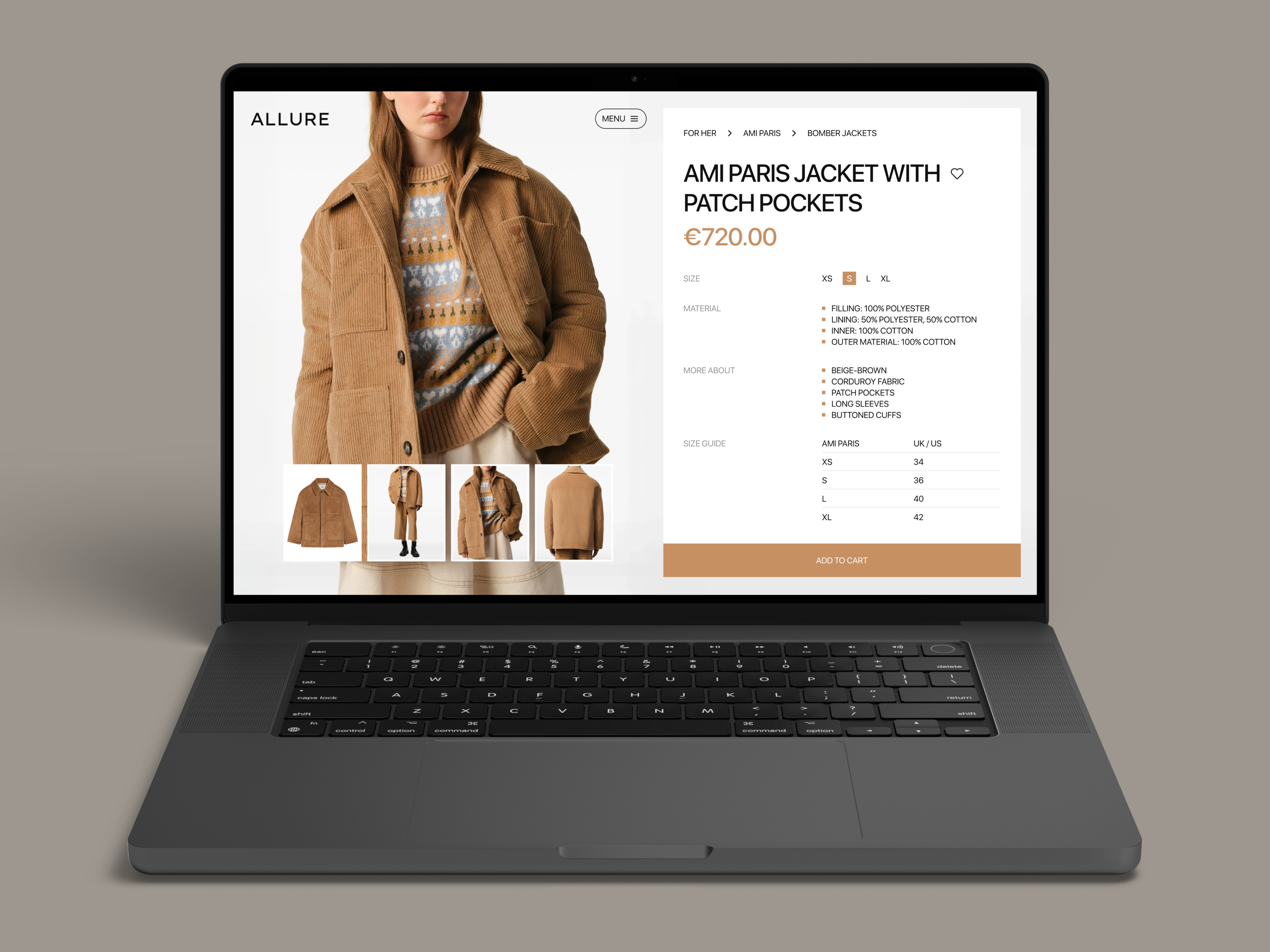 Premium fashion ecommerce product page on a laptop