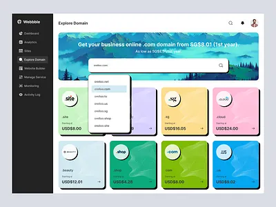 Domain Search Dashboard UI admin panel clean ui cloud services dashboard interface design domain registrar domain search fintech ui minimal design neubrutalism productdesign saas dashboard saas design startup design ui design user interface usere xperience ux web hosting ui website builder