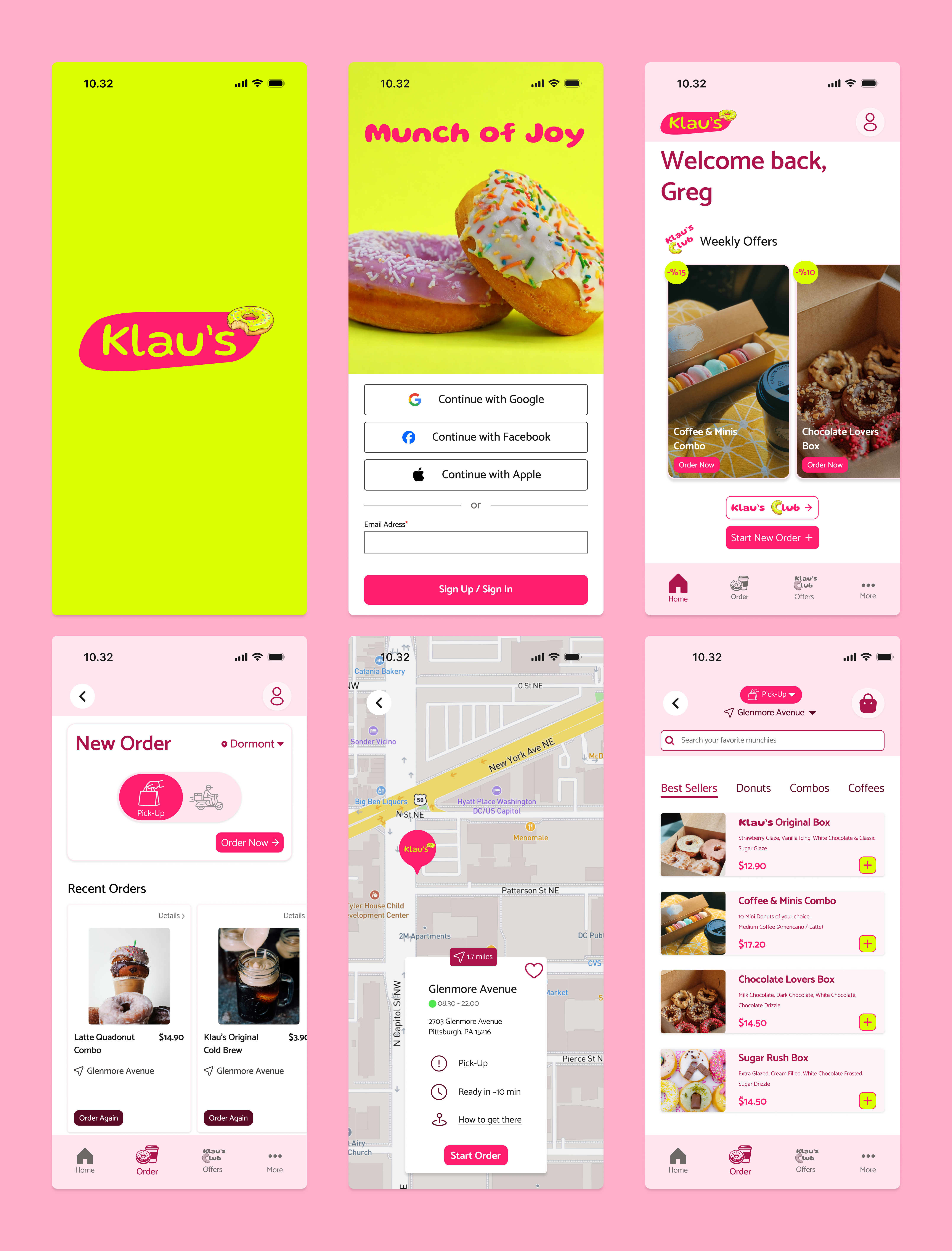 Klau’s – Donut & Coffee Ordering App branding food delivery food ordering app mobile app design onboarding splash screen ui