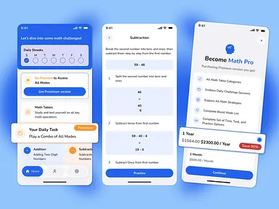 Math Learning Mobile App UI — Daily Challenges & Skill Builder designinspiration digitalproduct dribbble edtech educationapp figma gamification interface iosapp kidslearning learningapp mathapp mobileapp mobileui modernui productdesign studyapp uidesign userexperience uxdesign