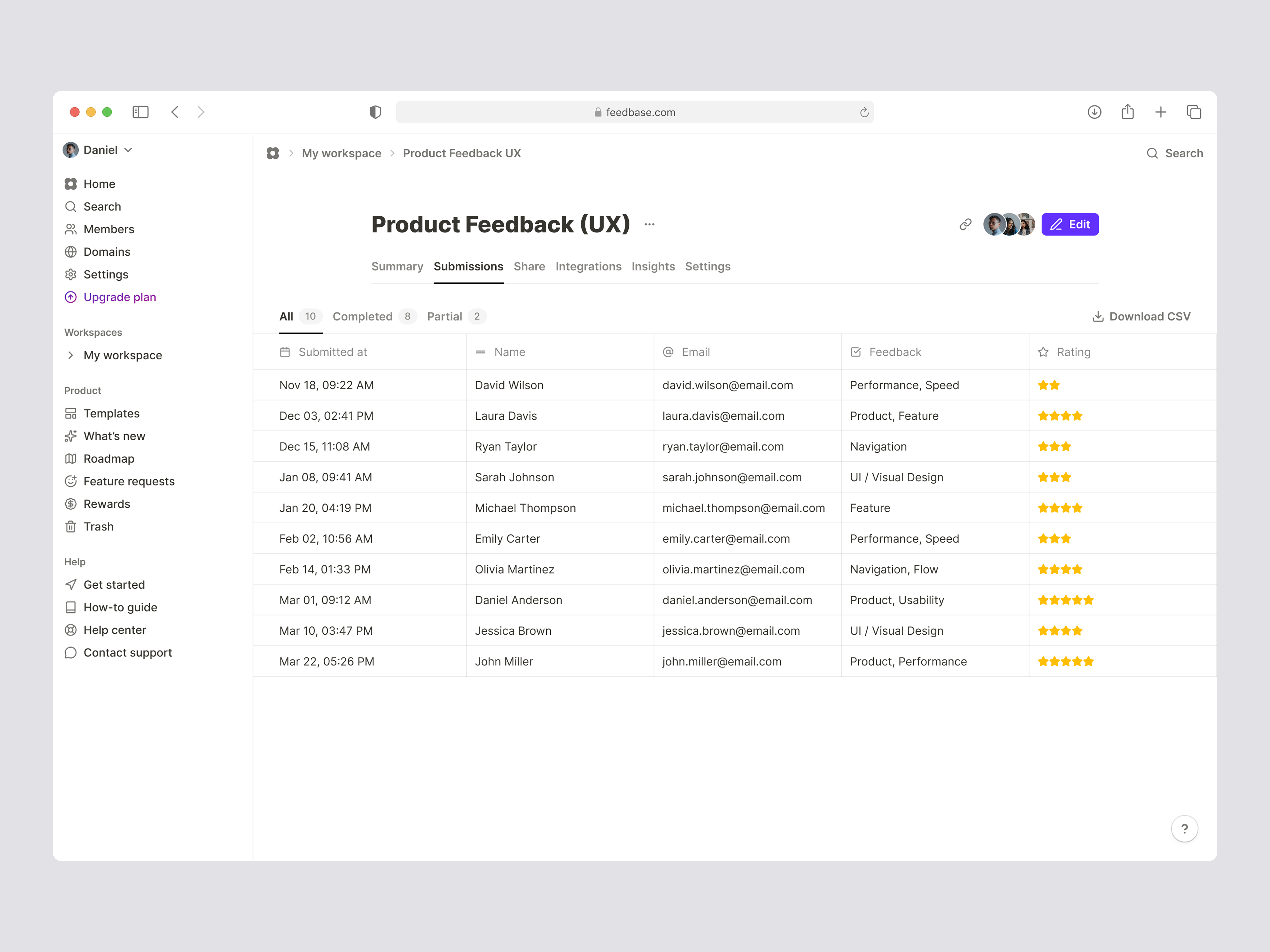 Feedbase - Product Feedback Dashboard branding dashboard design form minimalist sidebar tables ui ux webapp website