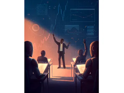 AI Learning Process | Conceptual Illustration ai analysis artificial intelligence bussiness class conceptual data digital editorial experience illustration learning machines process robots tablets teacher technology