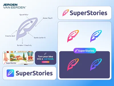 SuperStories - Logo Design ai ai logo app book branding children feather jeroen van eerden kids logo logo design novel quill spark stories story storytelling super visual identity design write