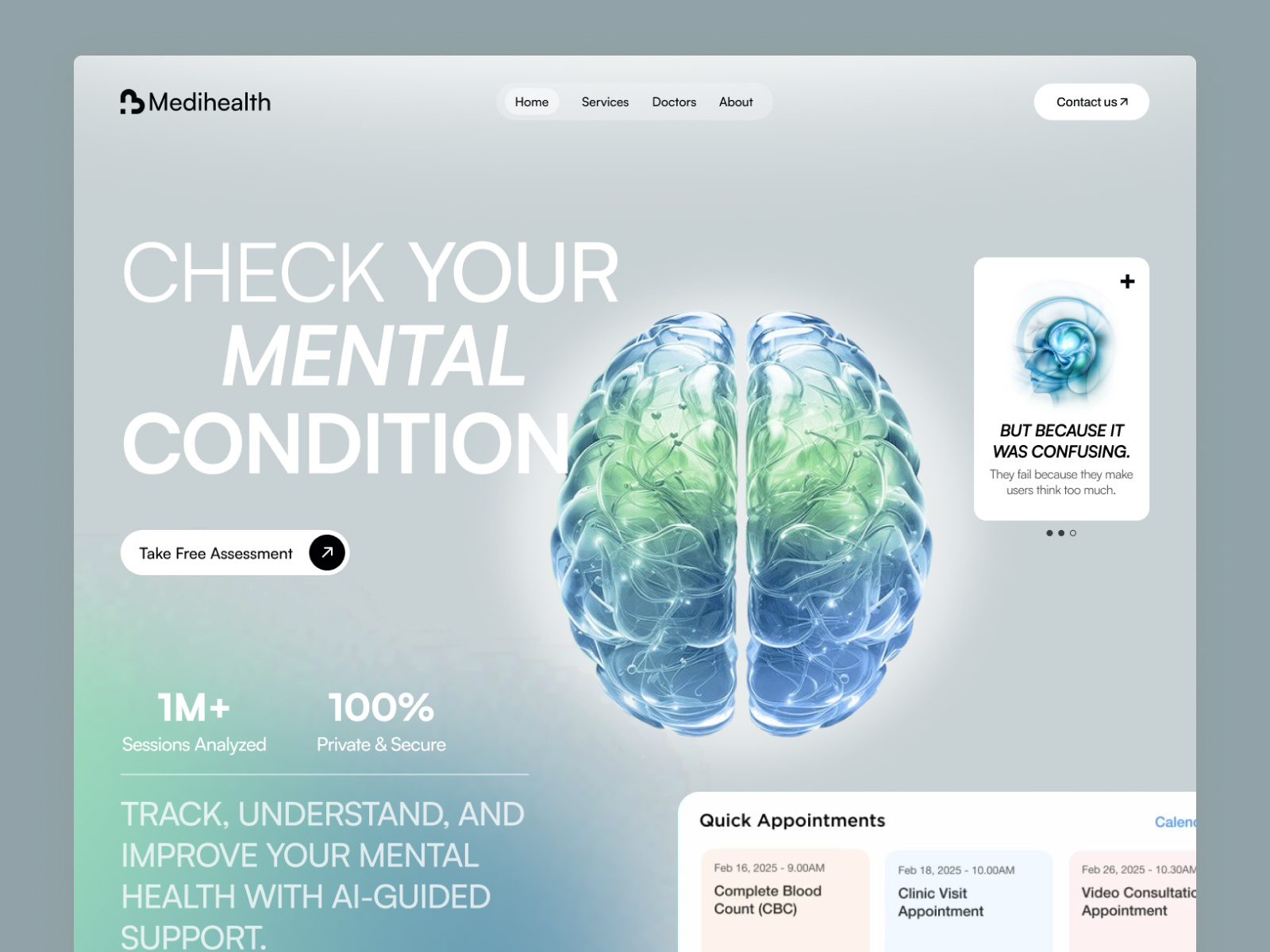 Where AI Meets Human-Centered Mental Healthcare branding dashbaord graphics header health hero section landing page medical medical landing page medical web mobile app motion graphics shopify techwitpro ui uiux webflow website wordpress