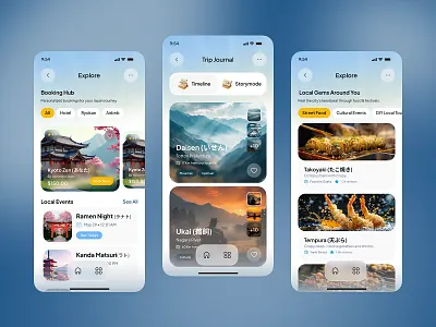 Explore & Trip Journal Screens Mobile App UI UX Design 3d animation graphic design ui