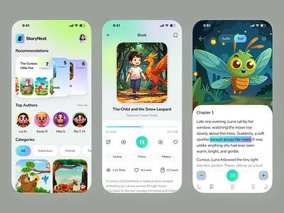 Kids E-Book App Design ai reading book app app design audiobook book app bookstore e library ebook app education app kids app kids reading mobile mobile app mobile app design mobile ui online book reading app stories storybook ui ux design
