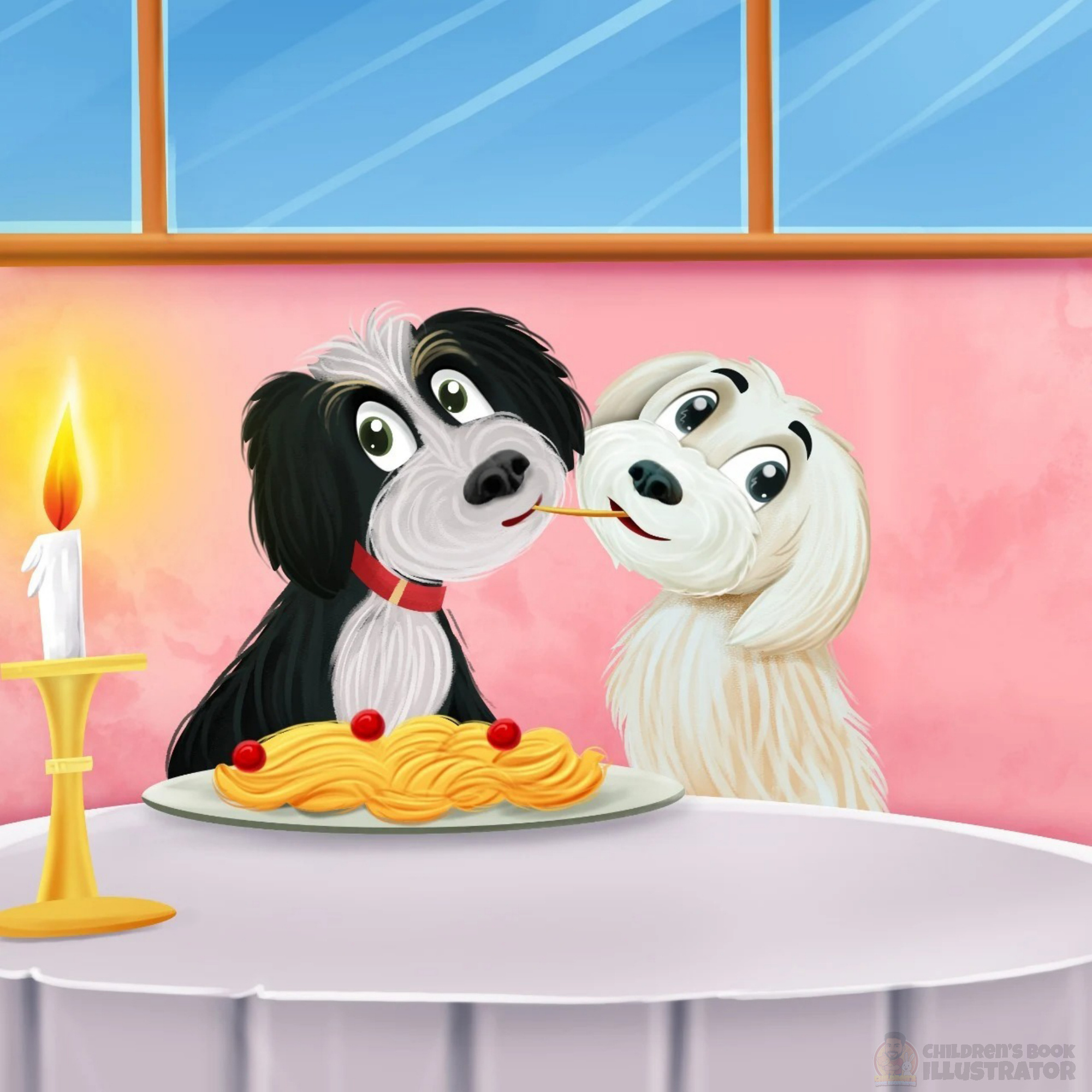 A "Paws-itively" Romantic Dinner | Whimsical Children's Book animal character design art for children book cover artist book for kids childrens book illustration childrens book illustrations childrens book illustrator childrens books childrens publishing cute art style. digital painting dog illustrations fantasy illustrations kid lit kids book picture book picture book illustrations romantic storytelling storybook