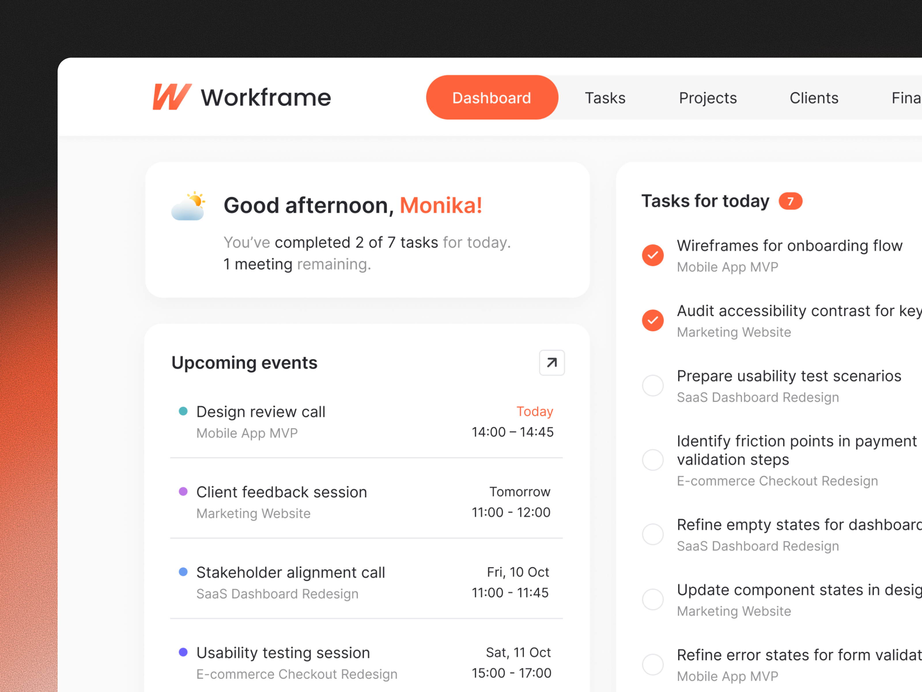 Workframe — SaaS Freelancer Productivity Dashboard analytics clean design dashboard digital product freelancer management tool minimal ui modern ui product design productivity project management saas startup task management ui ui design ux ux design web app workflow
