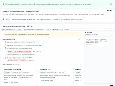 AI-First Automated Test Scenario & Bug Tracking UI button dashboard design list navigation ui ux