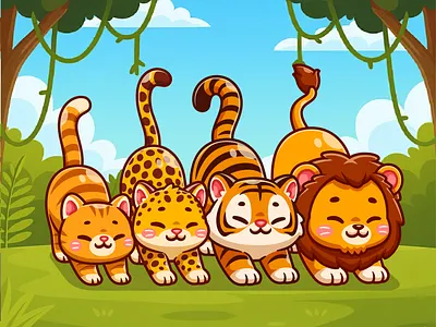 Cat to Lion🐱🐯🦁 animal branding cat charactef cute doodle evolution family fanart flat forest growth icon illustration leopard lion logo tiger wild zoo