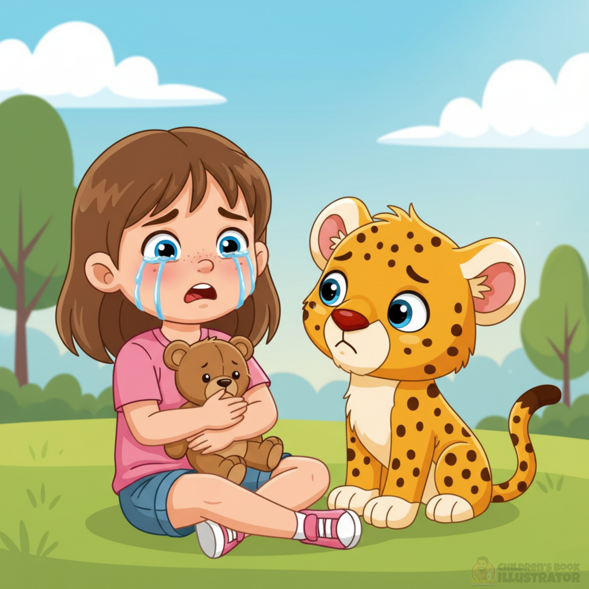 The Big Blue Tears & A Spotted Friend Illustrations book cover design cartoon style character design cheetah character childrens book author childrens book illustration childrens story crying girl cute animals digital illustration emotional illustration empathy indie author kids book art nursery art picture book self publishing storytelling vibrant colors whimsical art
