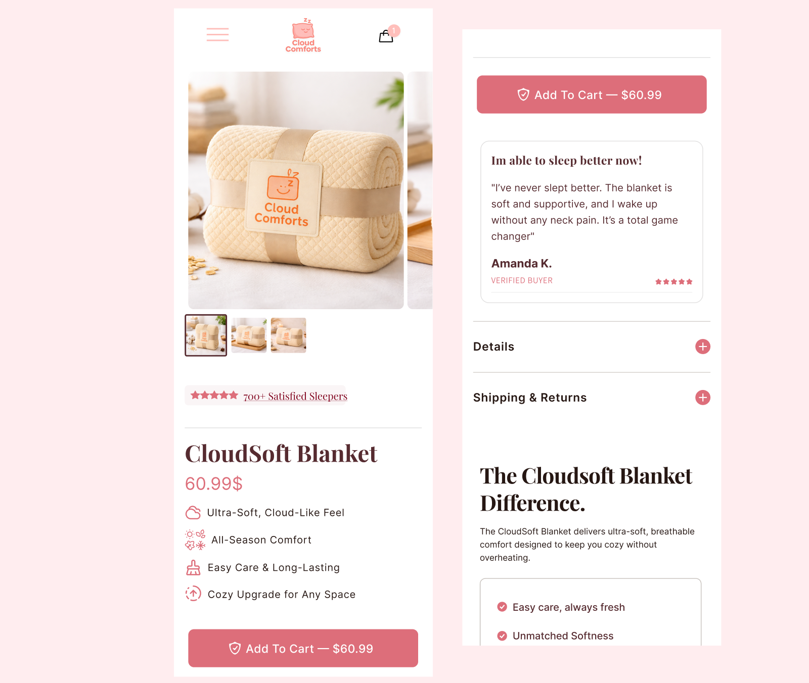 Sleep & Comfort Products — Mobile E-commerce conversiondesign design dribbble ecommerce figma landingpage mobiledesign shopifydesign sleepbrand uidesign uiux uxdesign webdesign