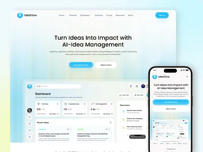 Ai Idea Management Dashboard Landing page -Responsive View ai ai analytics ai app ai dashboard ai saas artificial intelligence clean ui dashboard ui data visualization idea management interface design minimal ui mobile app modern ui responsive design saas task management ui design ux design web app