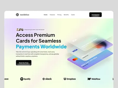 Fintech Landing Page bank bankinginnovation card create card dashboard digitaldesign fintech fintech landingpage fintech website global payment landing page payment app saas seamless payments transfer money ui design userinterface visualdesign web design website design