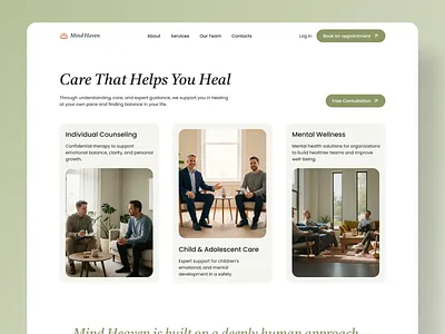 Mental Health Services Landing Page UI counseling website design figma website design healthcare website ui medical website ui mental health landing page mental wellness ui modern website design product design psychology web design therapy website ui ui ux design wellness landing page