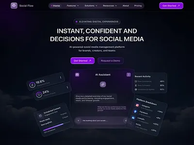 AI - Social Media Analytics Landing Page ai dashboard ai saas analytics dashboard dark ui dashboard ui data visualization fintech ui interaction design landing page modern ui product design saas design saas landing page social media analytics startup design ui design ui ux ux design web app design web design