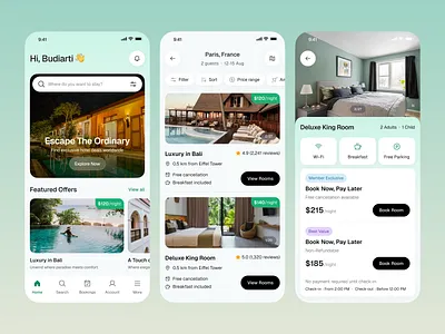 StayGo — Hotel Booking Mobile App banner booking app card clean design details screen gradient graphic design home hotel hotel details hotel list illustration ios app mobile app pricing product design travel app ui design ux design vacation