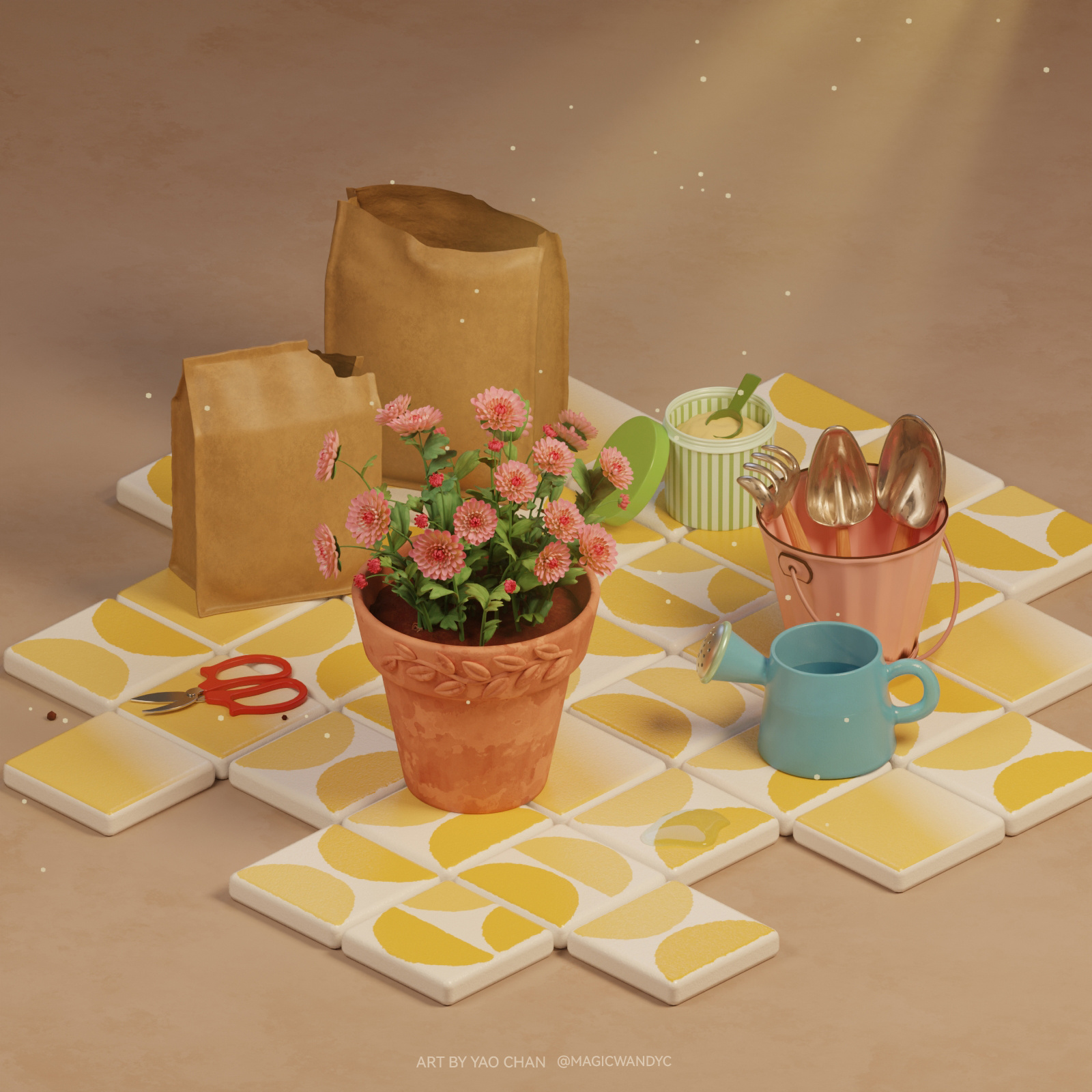 Sunlight Delivery 3d animation blender breakdown cozy cute design digitalart diorama environment flowers gardening illustration modeling plants process render stylized tutorial unbox