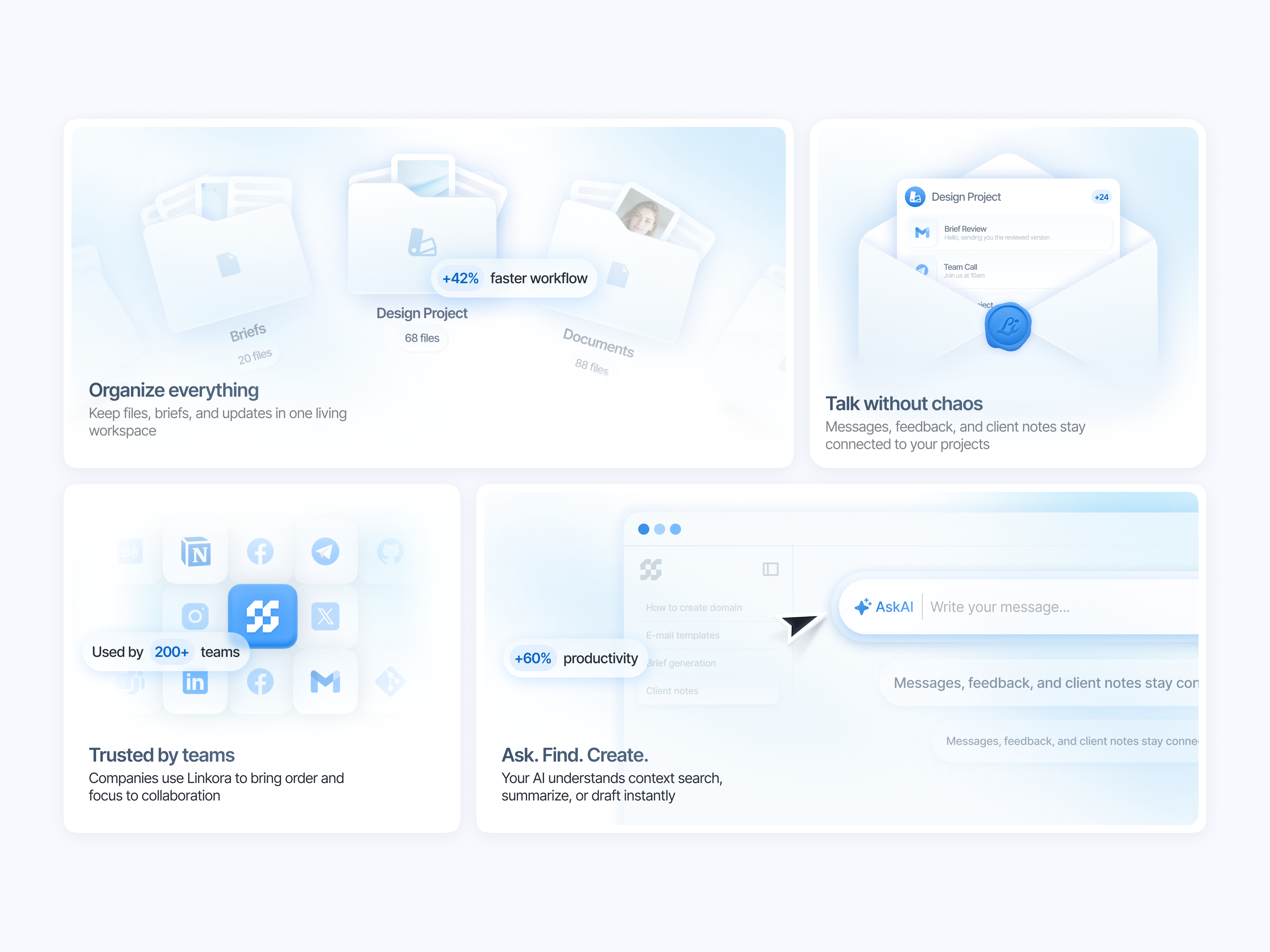Linkora - Smart Links, One Bento bento blue document field folder input landing letter link mail management organize page saas startup ui web