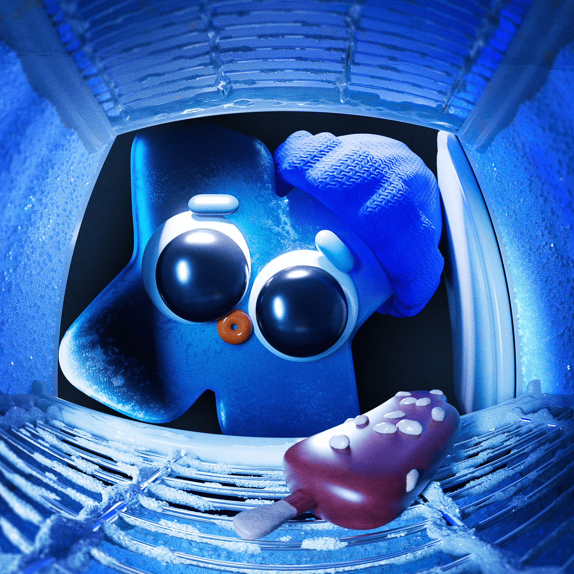 Letter X — 3D Alphabet Series 3d freezer 3d ice cream 3d illustration alphabet astonishment chocolate coating creature design expressive eyes food illustration freezer interior frosty shelf ice cream bar inside the freezer knit cap mascot nut topping snack design surprise winter winter hat