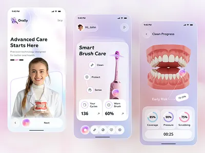Smart Toothbrush App UI | Oral Care & Health Tracking UX 3d illustration app app design design fitness app health tracking healthcare healthcare app ios iot medical app mobile mobile app oral care smart toothbrush startup app toothbrush ui