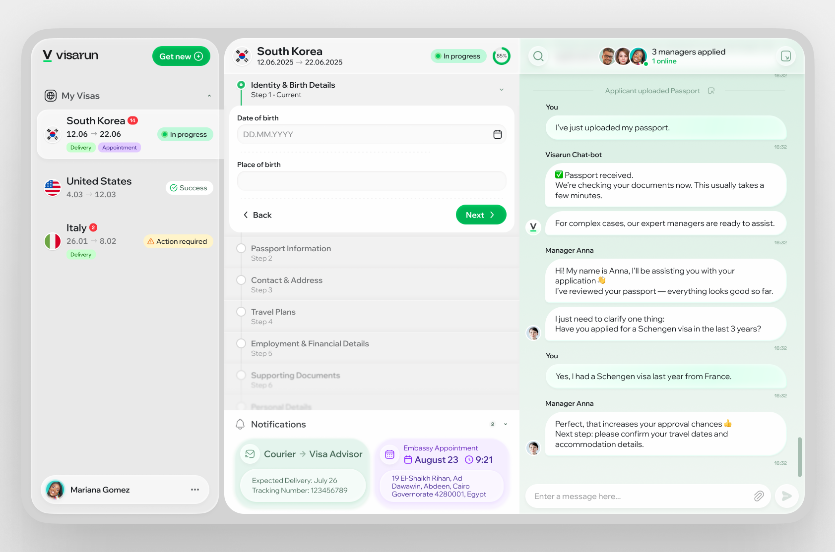 AI-Driven Visa Application Platform ai application chat dashboard ui ux visa web design