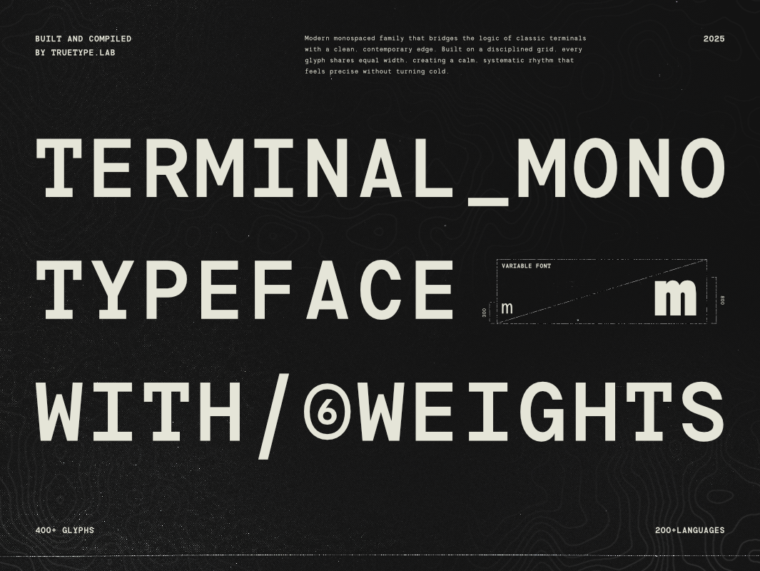TRT Terminal Mono Typeface branding bussiness card clean cover font design display font elegant envelope font exhibition flyer font font font family logotype magazine modern monospace font poster print layout projection variable font