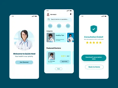 Quick Heal – Doctor Consultation Mobile App UI appdesign design doctor figma framer healthapp healthcare healthtech medicalapp mobileapp productdesign research telemedicine ui uiux ux web xd
