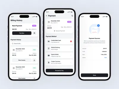 Payment Flow & Broadband Billing – Mobile App UI/UX app billing billing ui broadband checkout flow digital payments fintech internet billing internet service invoice network service pay payment flow payment success recurring payments subscription transaction transaction flow transaction success utility app