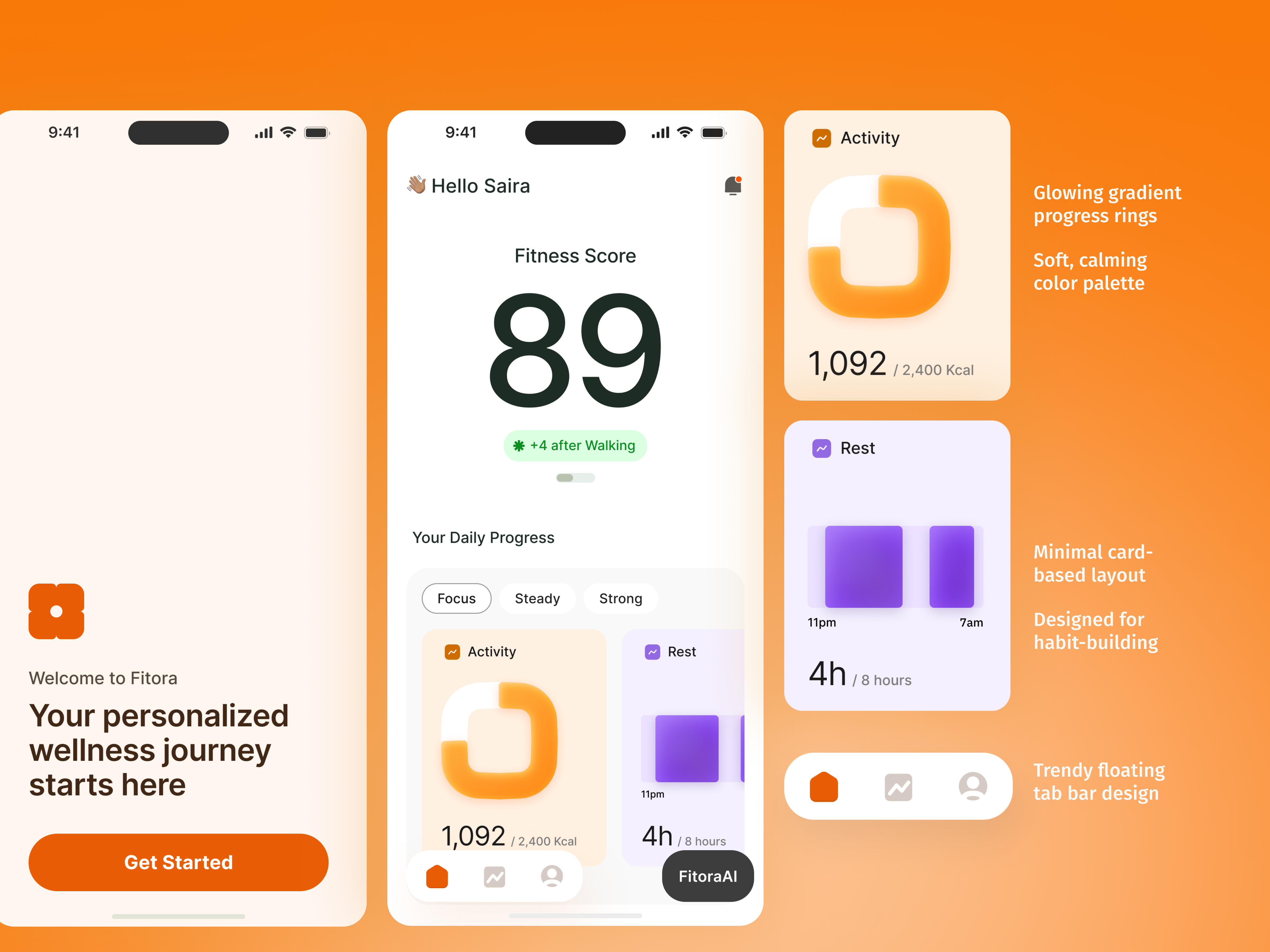 Personalized Wellness & Fitness Tracking App UI appdesign branding chart diagrom dribbbleshot fitnessapp habittracking healthtech iosapp latest minimaldesign mobileappdesign productdesign tabbar trending ui uiux uxdesign wellnessapp