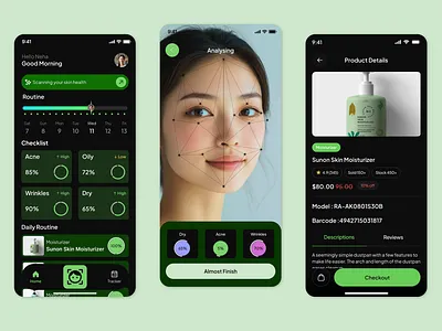 AI Skincare Mobile App UI — Smart Skin Analysis aiapp appdesign beautyapp darkui designinspiration digitalproduct dribbble figma healthtech interface iosapp mobileapp mobileui productdesign skincare startup uidesign userexperience uxdesign wellness