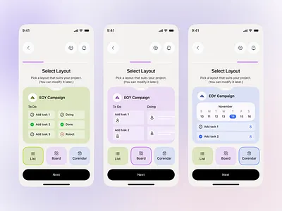 Task Management — Layout Picker App UI android app app app design dashboard design ios mobile mobile app mobile app design onboarding product design productivity project management saas task management task management app typography uiux user experience user interface
