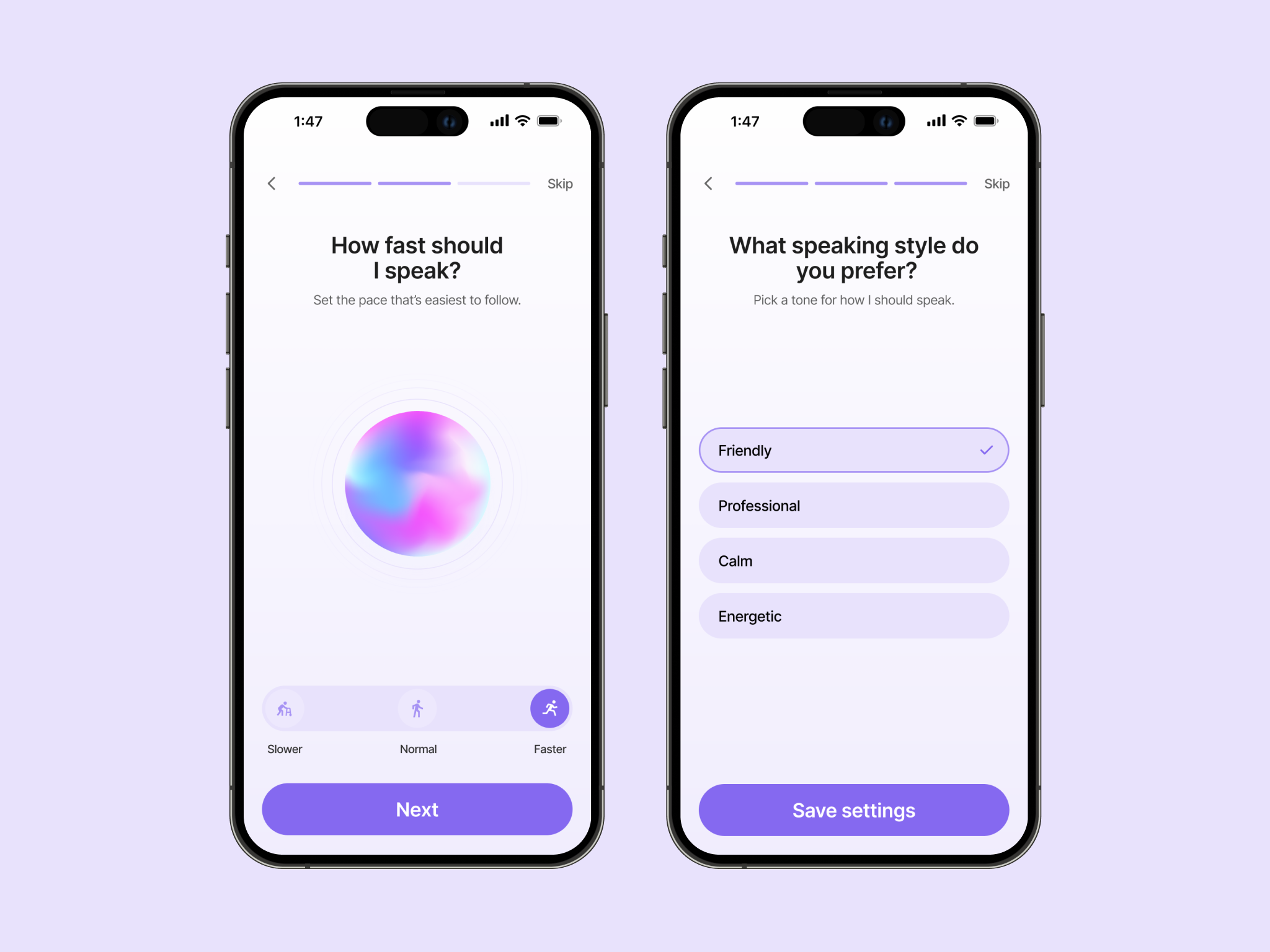 AI Voice - concept ai appdesign assistant concept interactiondesign ios minimal mobile onboarding productdesign settings ui ux voiceui