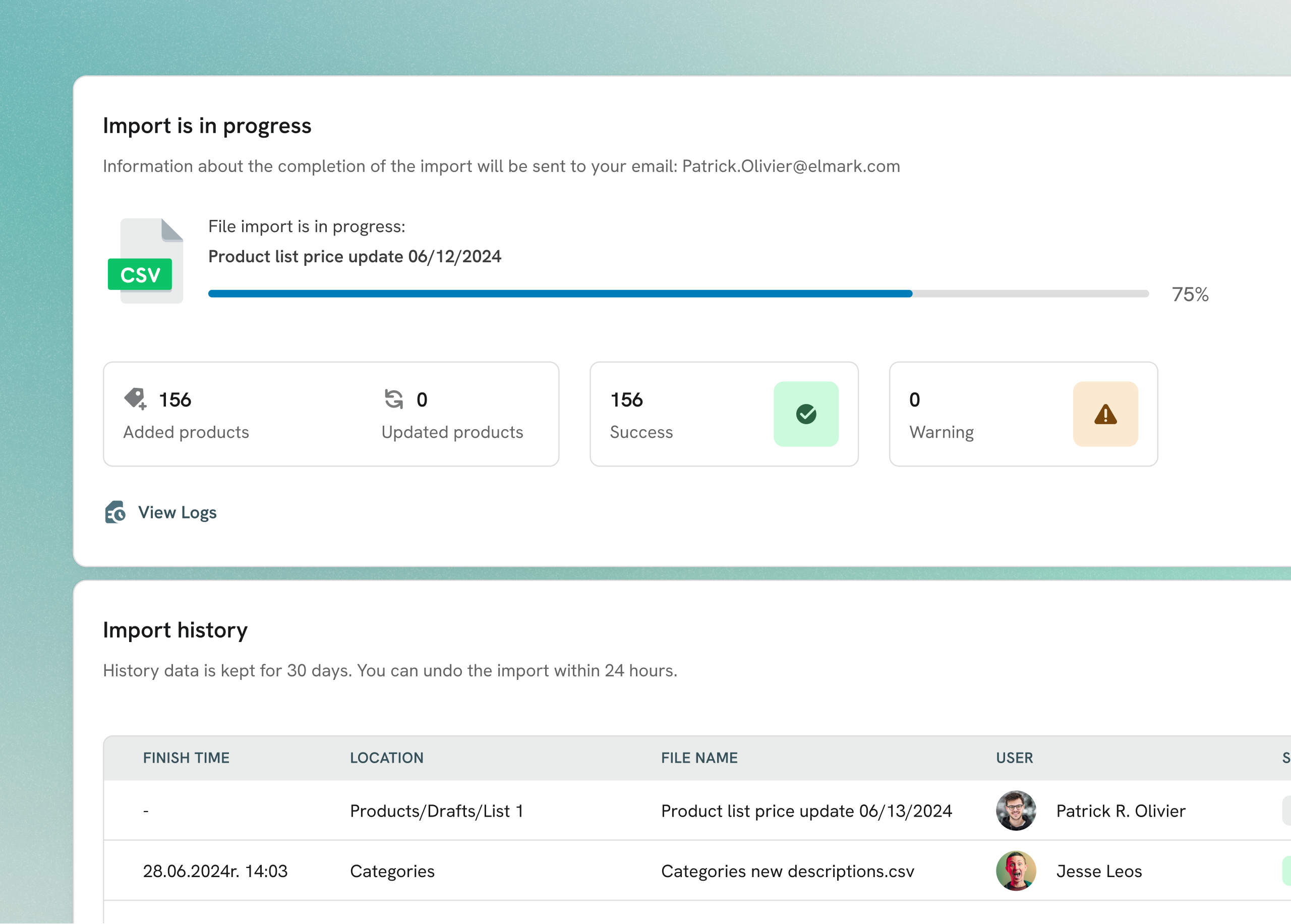 File import control with data mapping - Elmark app application dashboard data data updates erp file file manager import list manager mapping minimal multi step product rollback statistics status ui ux