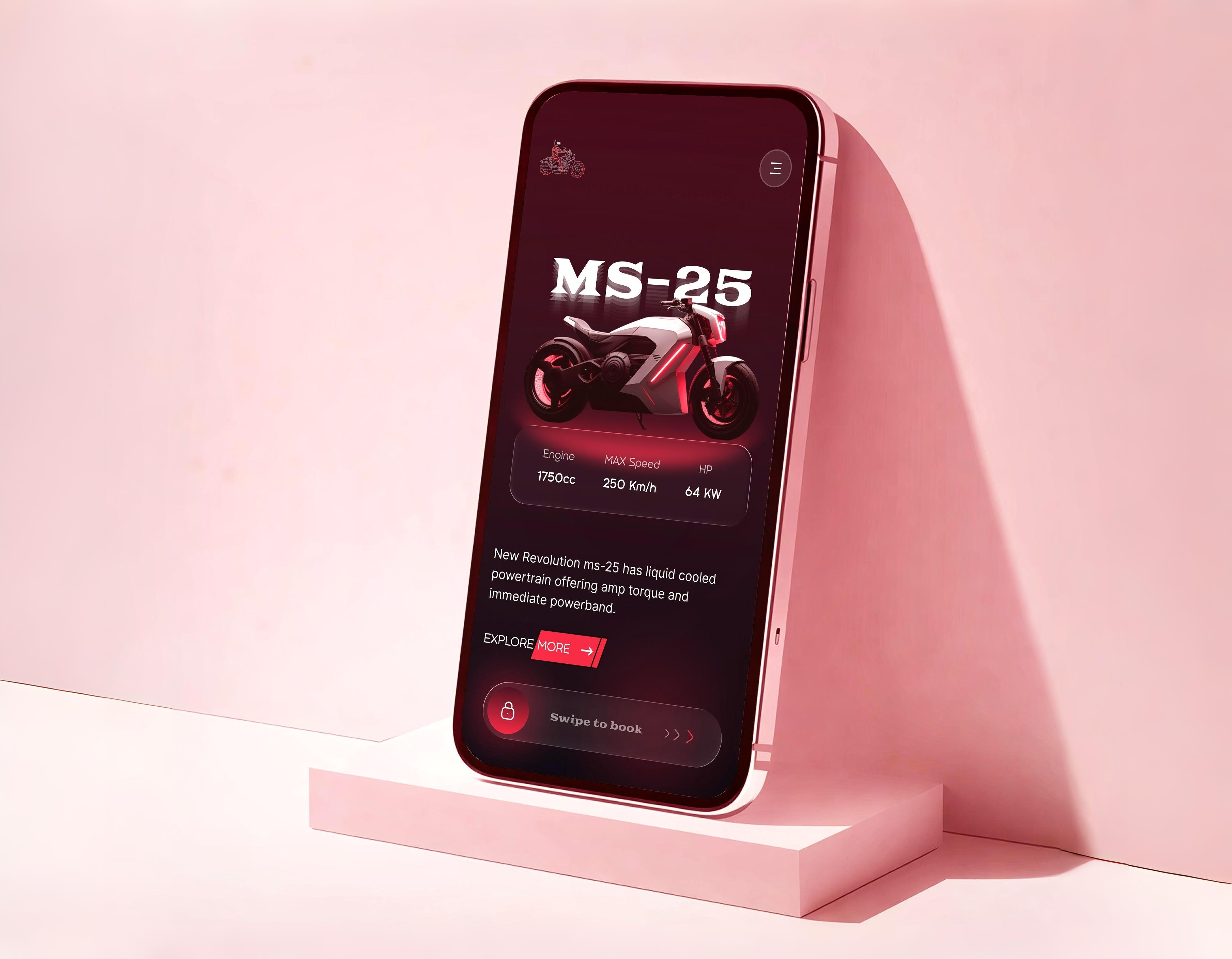 Futuristic Electric Motorcycle Booking App – UI Concept bike futuristic mobileappdesign modern popular productdesign responsive trendy ui uiux ux