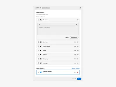 Data collector b2b buttons call center configuration drag drawer drop list modal questions saas save script set up switch toggle ui ux web workflow