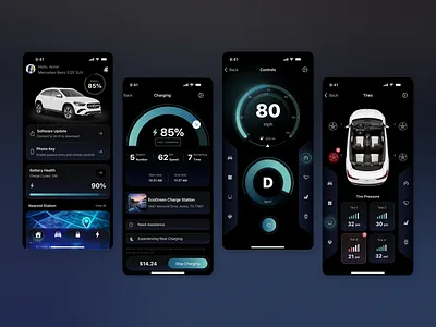 Car Control Experience — iOS App automotive ui car app charging dark ui dashboard electric vehicle ios map ui mobile app ui ux vehicle control