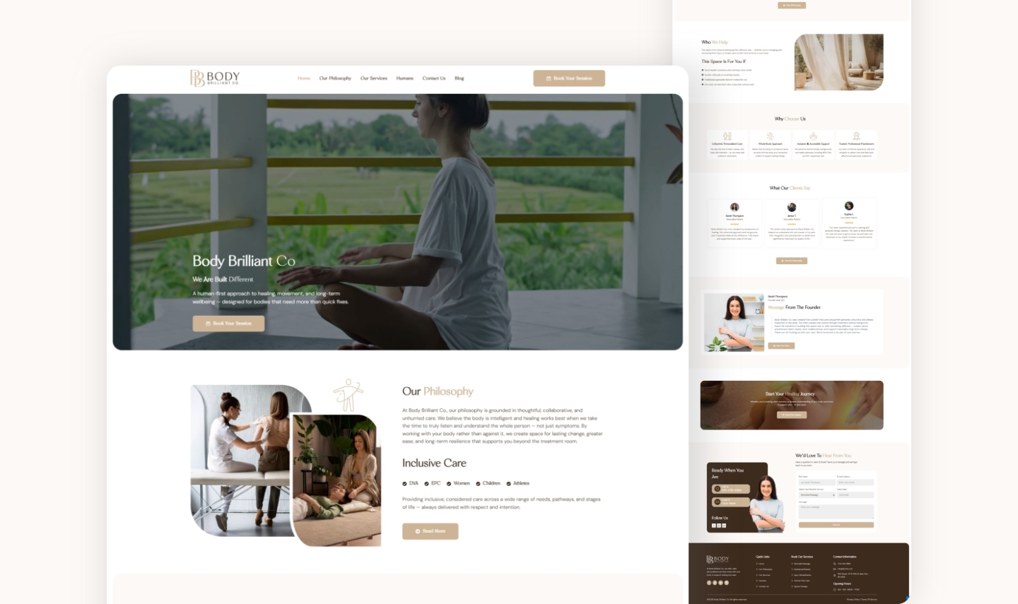 Modern Wellness & Healthcare Website Design for Body Brilliant C calm ui ux design clinic website design elementor healthcare website design holistic health website minimal wellness website modern healthcare ui modern medical website physiotherapy website design wellness web design wordpress wordpress clinic website