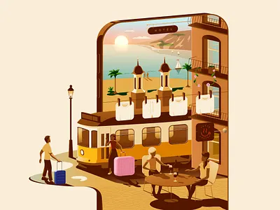 Travel apps (Developed from unused sketch) apps deals europe landscape lisbon mediterranean phone portugal savings scene tram travel