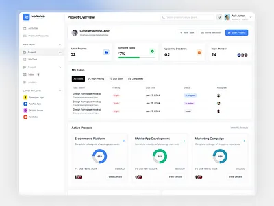 Project Status & Tasks Dashboard UI admin dashboard analytics dashboard clean ui dashboard dashboard design data visualization interface design management system modern ui product design productivity project management saas saas dashboard task management teamwork ui design ux design web app workspace